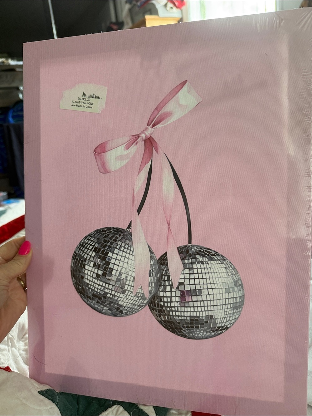 NWT Sealed Pink Disco Ball Cherry Canvas Wall Art 15 x 11.5” 2 available framed